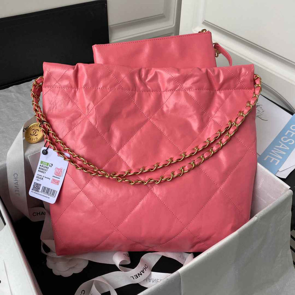Chanel 22 Small Handbag AS3260 Shiny Calfskin Gold-Tone Metal Coral Pink