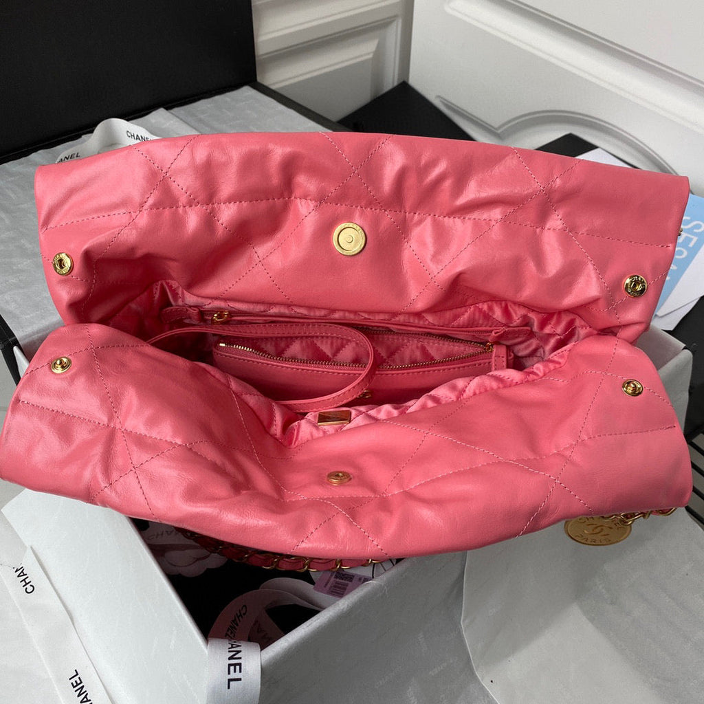 Chanel 22 Small Handbag AS3260 Shiny Calfskin Gold-Tone Metal Coral Pink