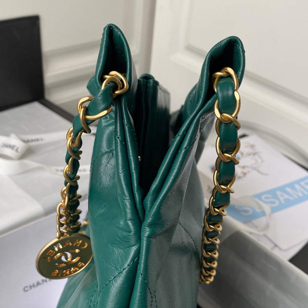 Chanel 22 Small Handbag AS3260 Shiny Calfskin Gold-Tone Metal Dark Green