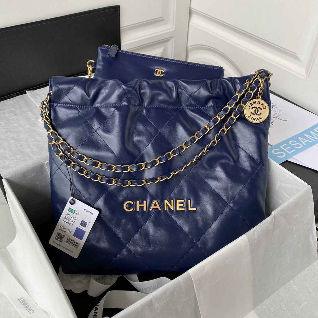 Chanel 22 Small Handbag AS3260 Shiny Calfskin Gold-Tone Metal Navy Blue