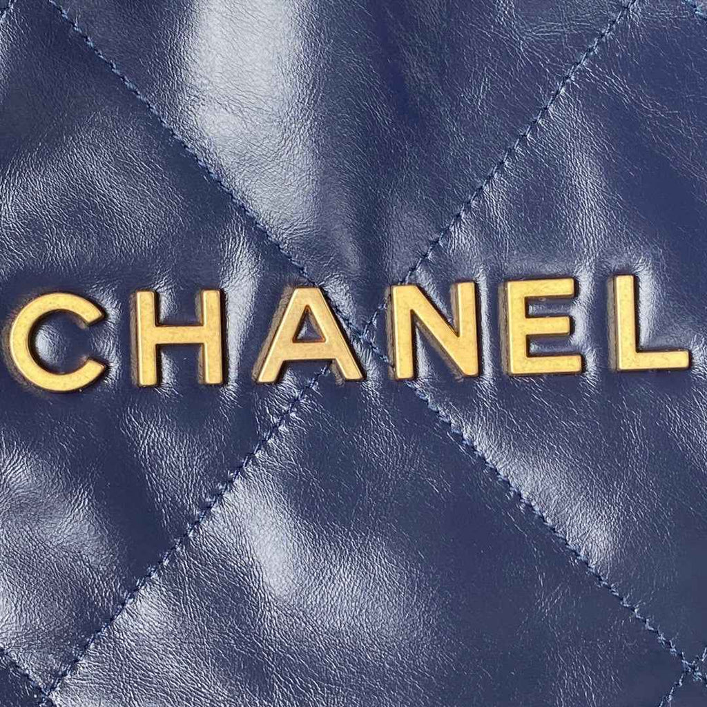 Chanel 22 Small Handbag AS3260 Shiny Calfskin Gold-Tone Metal Navy Blue