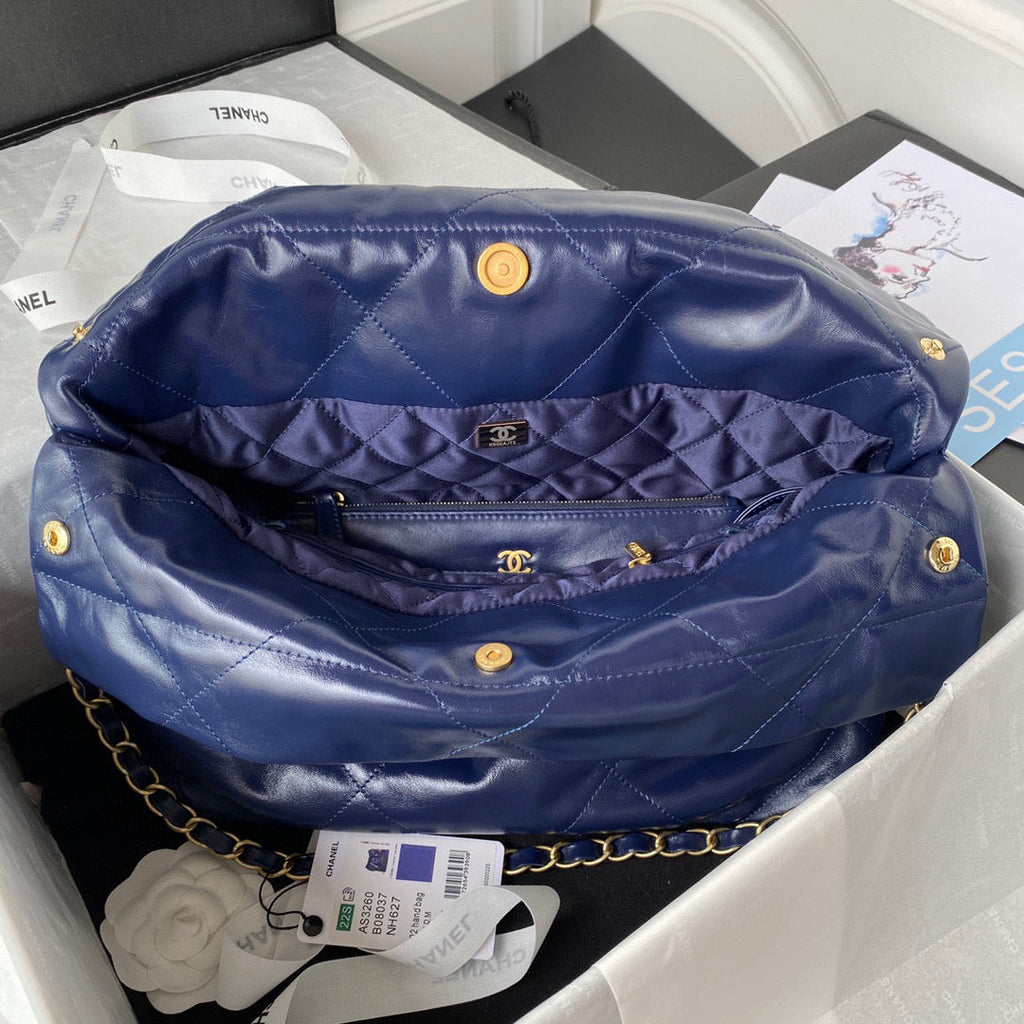 Chanel 22 Small Handbag AS3260 Shiny Calfskin Gold-Tone Metal Navy Blue