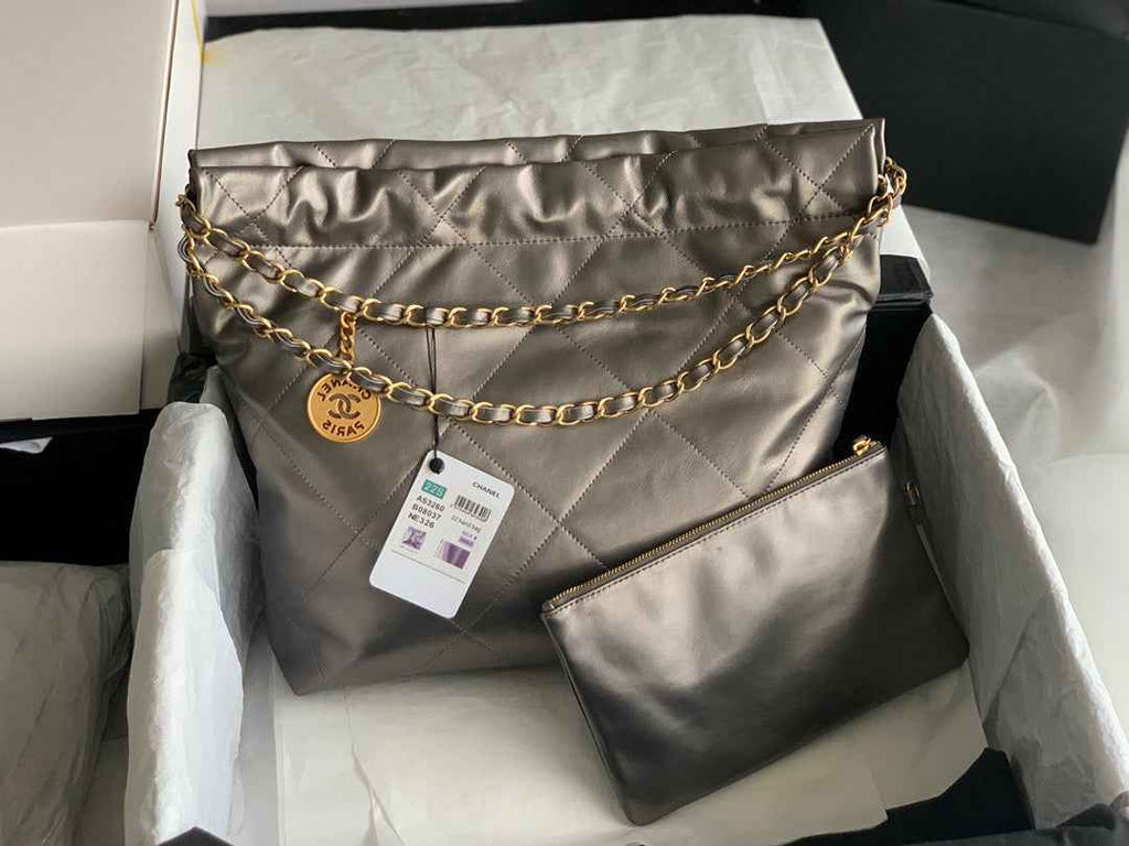 Chanel 22 Small Handbag AS3260 Shiny Calfskin Gold-Tone Metal Ruthenium