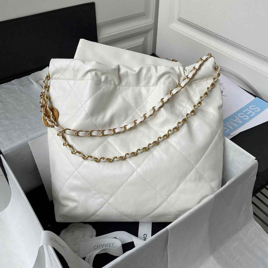 Chanel 22 Small Handbag AS3260 Shiny Calfskin Gold-Tone Metal White Logo Gold