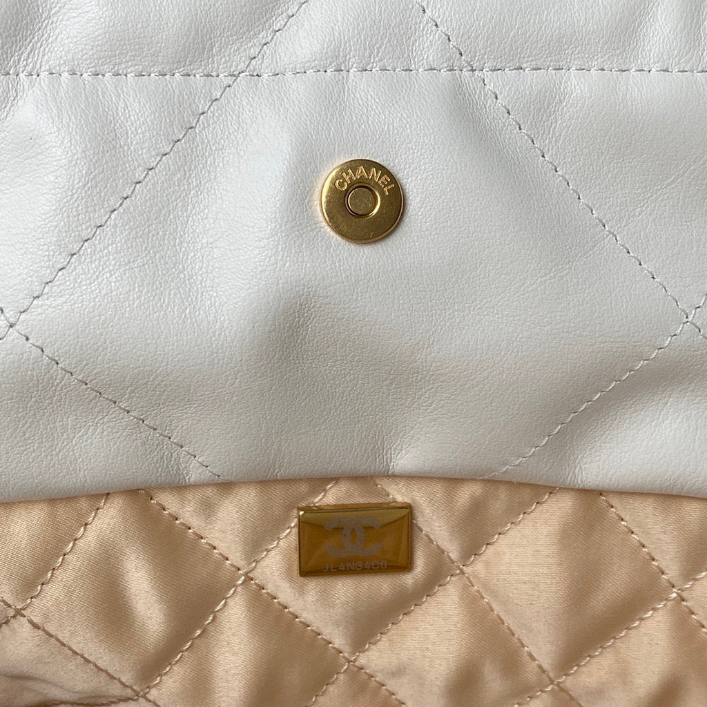 Chanel 22 Small Handbag AS3260 Shiny Calfskin Gold-Tone Metal White Logo Gold