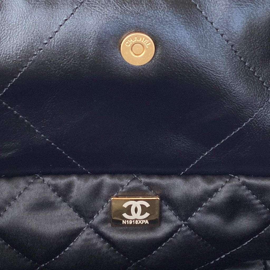 Chanel 22 Small Handbag AS3260 Shiny Calfskin Lacquered Metal Black Logo White