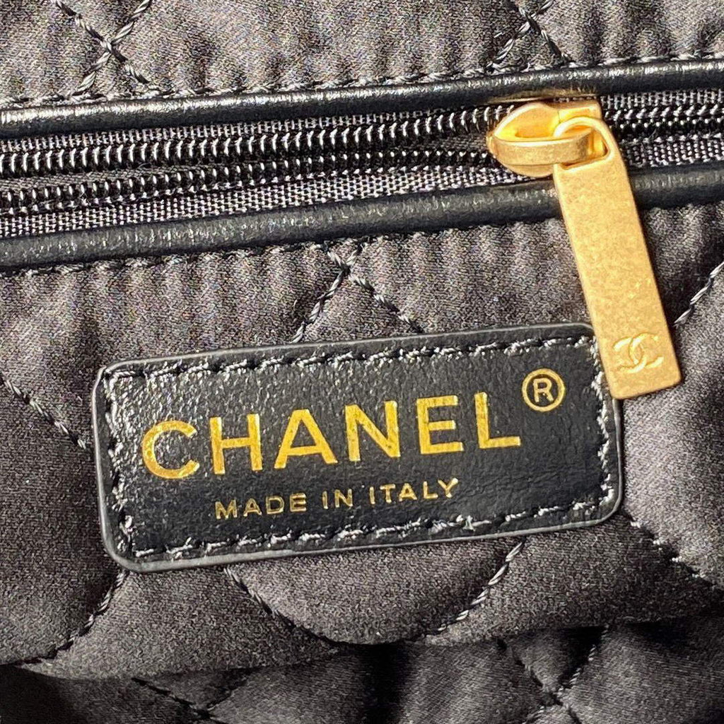 Chanel 22 Small Handbag AS3260 Shiny Calfskin Lacquered Metal Black Logo White