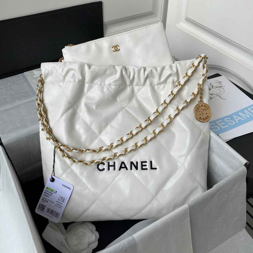 Chanel 22 Small Handbag AS3260 Shiny Calfskin Lacquered Metal White Logo black