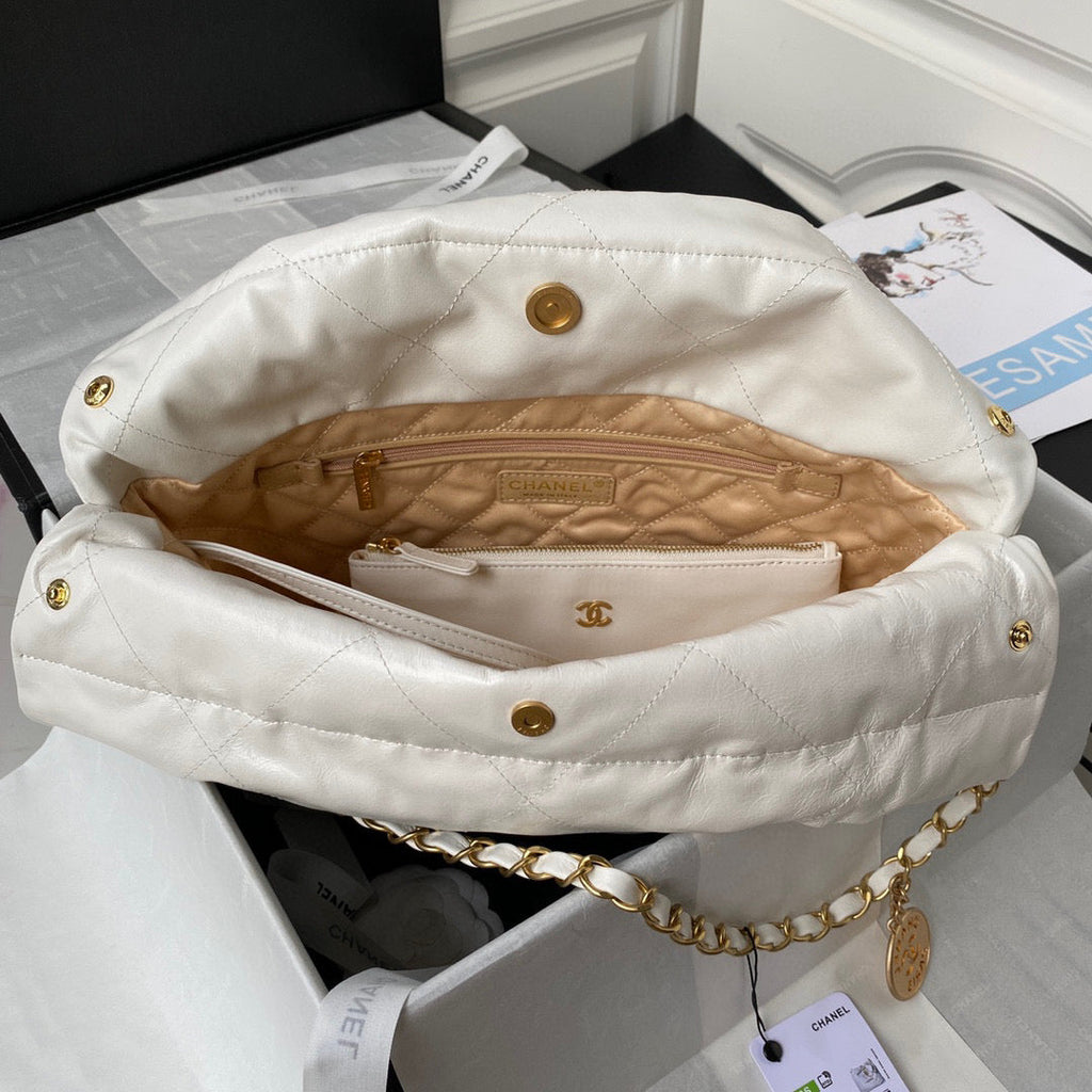Chanel 22 Small Handbag AS3260 Shiny Calfskin Lacquered Metal White Logo black