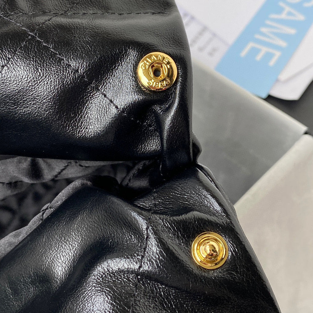 Chanel 22 Handbag AS3261 Shiny Calfskin Gold-Tone Metal Black Logo Gold