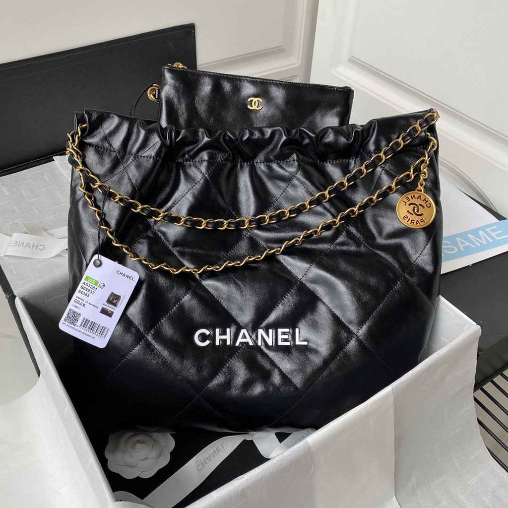 Chanel 22 Handbag AS3261 Shiny Calfskin Gold-Tone Metal Black Logo White