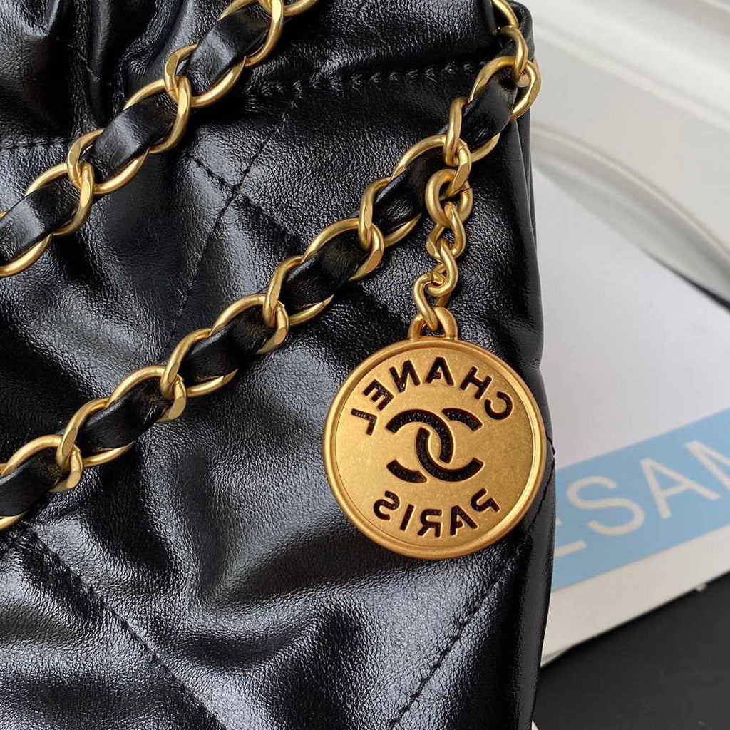 Chanel 22 Handbag AS3261 Shiny Calfskin Gold-Tone Metal Black Logo White