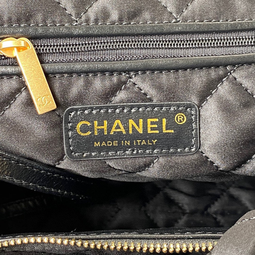 Chanel 22 Handbag AS3261 Shiny Calfskin Gold-Tone Metal Black Logo White