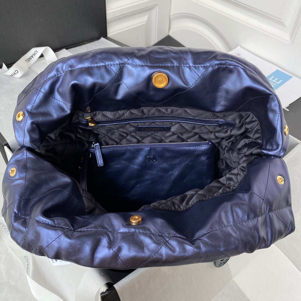 Chanel 22 Handbag AS3261 Shiny Calfskin Gold-Tone Metal Blue