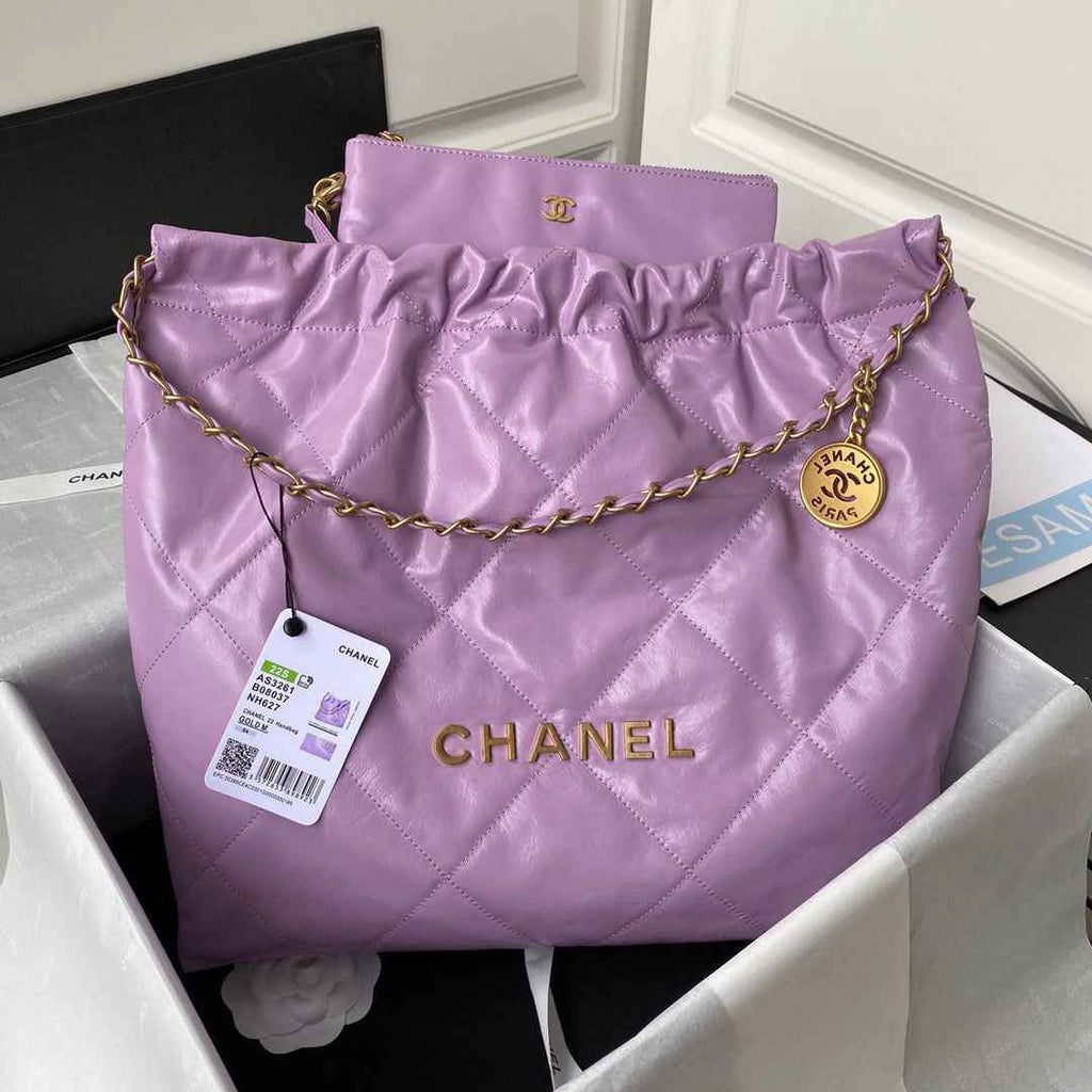 Chanel 22 Handbag AS3261 Shiny Calfskin Gold-Tone Metal Purple