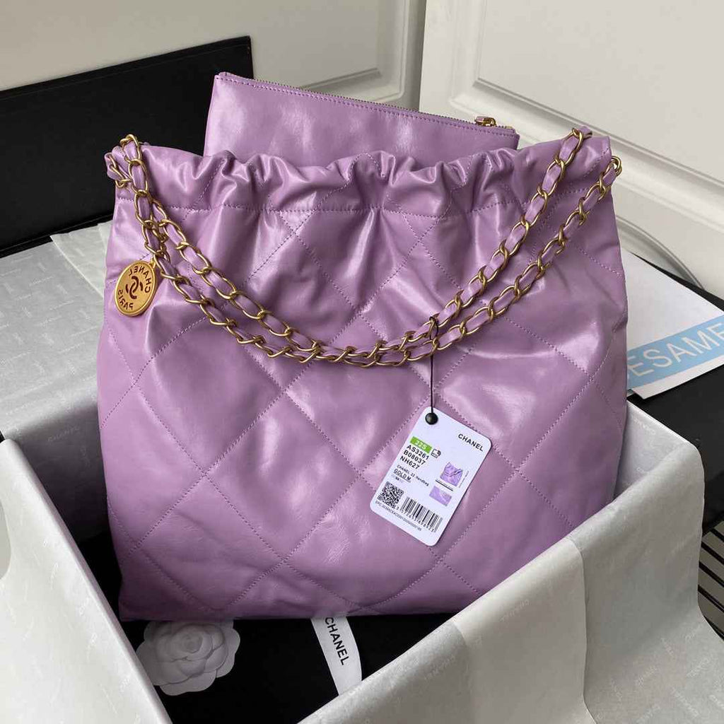 Chanel 22 Handbag AS3261 Shiny Calfskin Gold-Tone Metal Purple