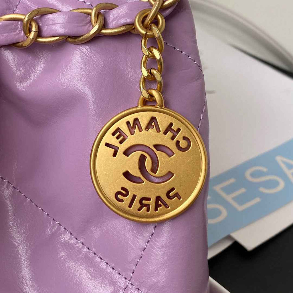 Chanel 22 Handbag AS3261 Shiny Calfskin Gold-Tone Metal Purple