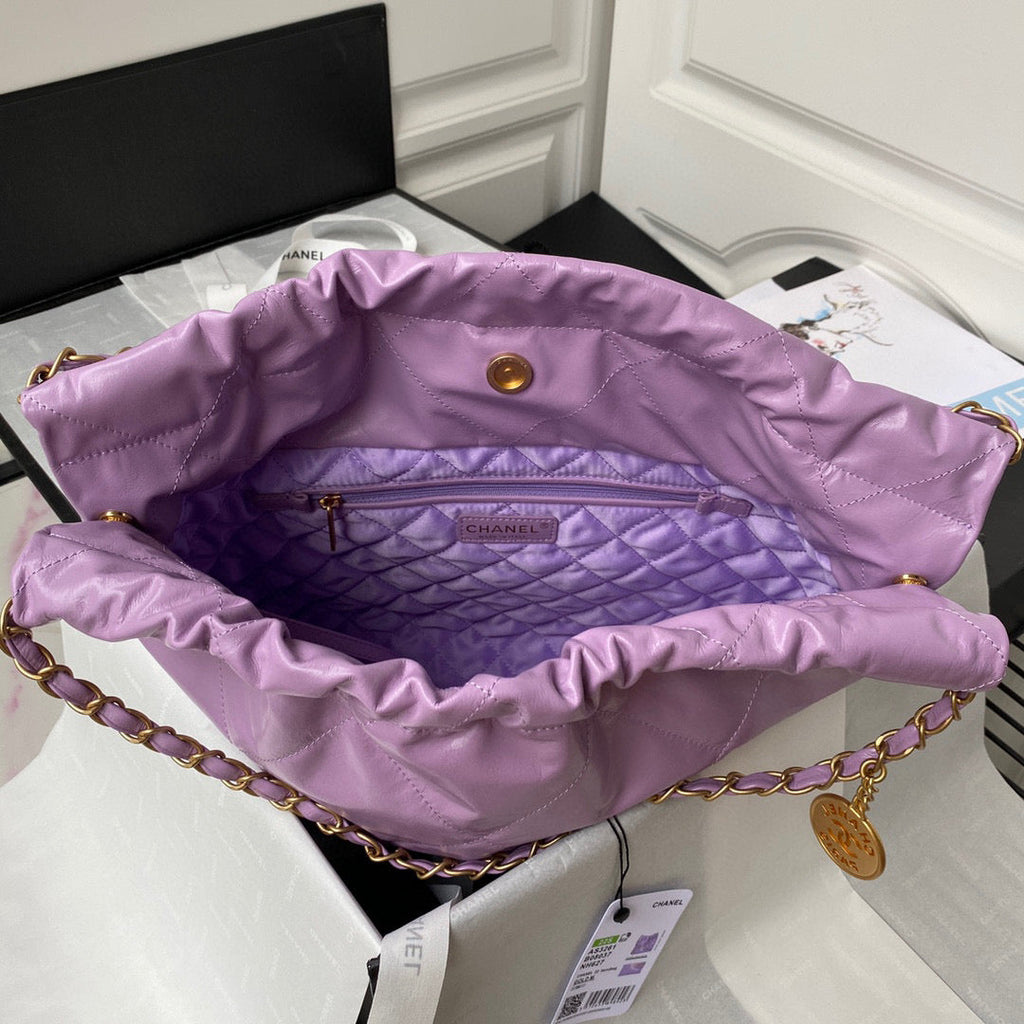 Chanel 22 Handbag AS3261 Shiny Calfskin Gold-Tone Metal Purple