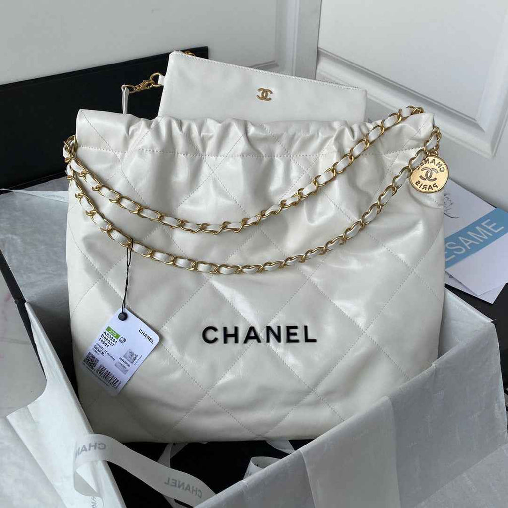 Chanel 22 Handbag AS3261 Shiny Calfskin Gold-Tone Metal White Logo Black