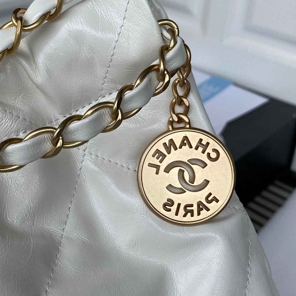 Chanel 22 Handbag AS3261 Shiny Calfskin Gold-Tone Metal White Logo Black