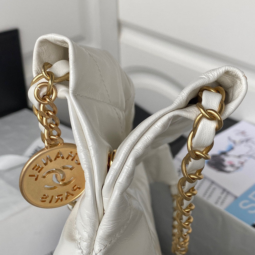 Chanel 22 Handbag AS3261 Shiny Calfskin Gold-Tone Metal White Logo Black