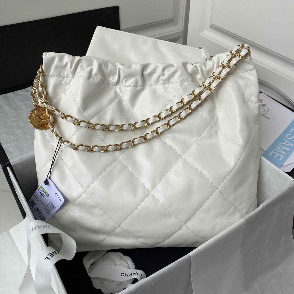Chanel 22 Handbag AS3261 Shiny Calfskin Gold-Tone Metal White Logo Gold