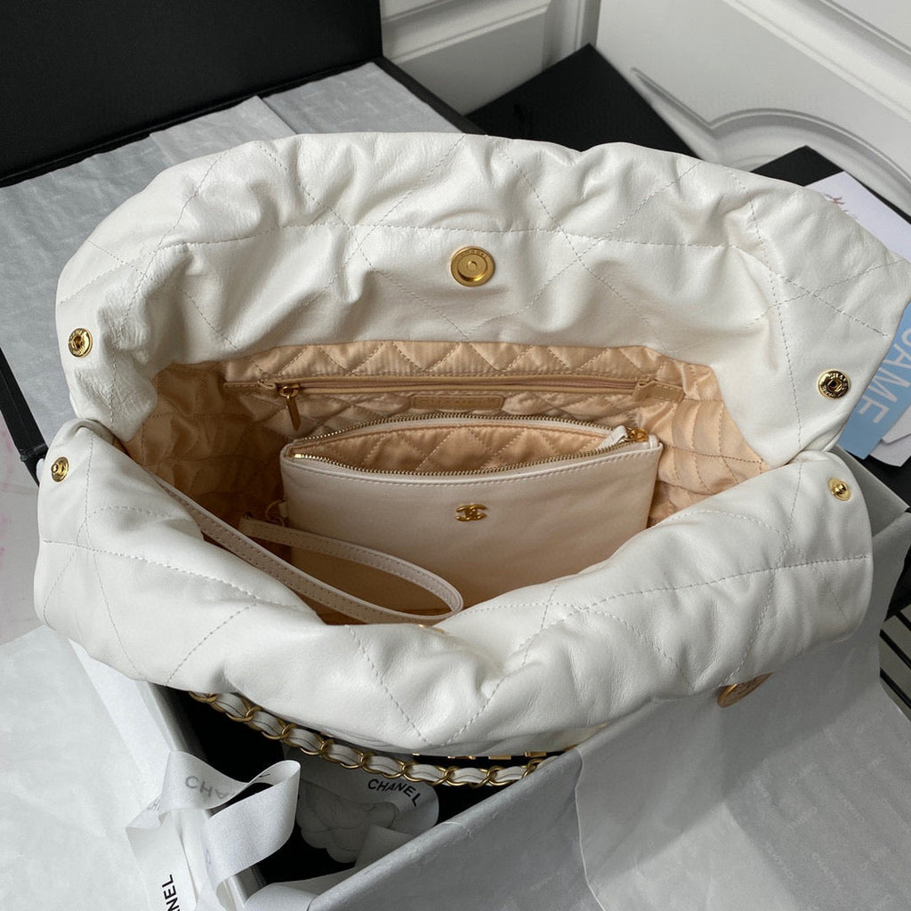 Chanel 22 Handbag AS3261 Shiny Calfskin Gold-Tone Metal White Logo Gold