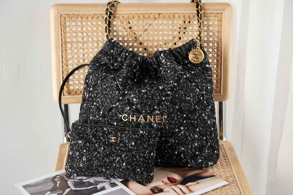 Chanel 22 Handbag AS3261 Tweed Gold Metal Black Burgundy