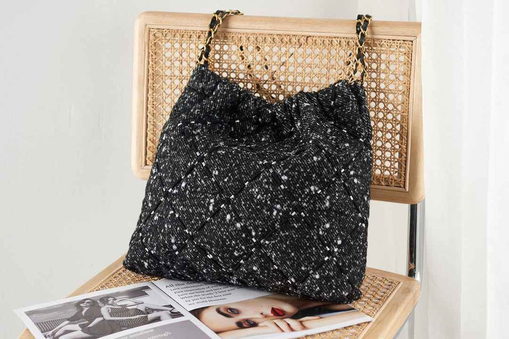 Chanel 22 Handbag AS3261 Tweed Gold Metal Black Burgundy