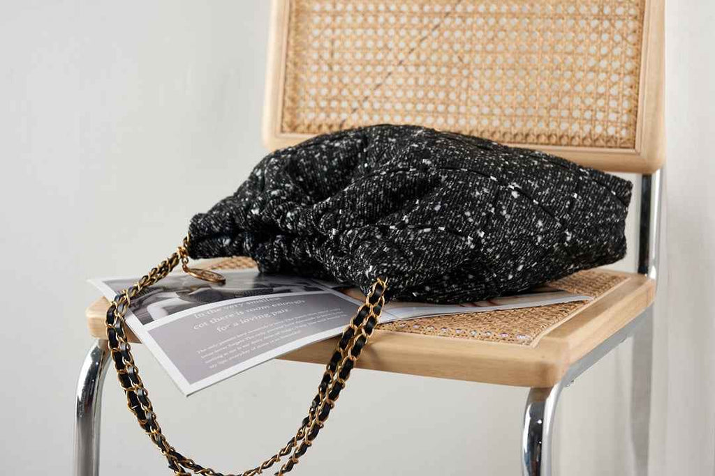 Chanel 22 Handbag AS3261 Tweed Gold Metal Black Burgundy