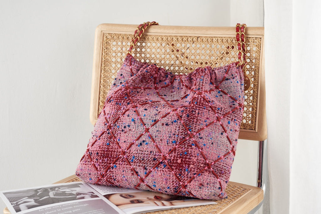 Chanel 22 Handbag AS3261 Tweed Gold Metal Pink Burgundy