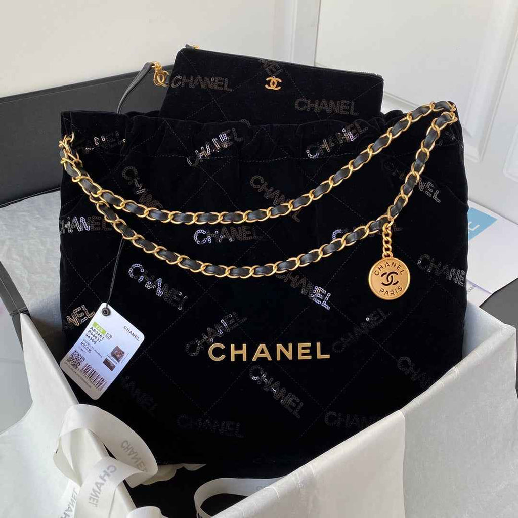 Chanel 22 Handbag AS3261 Wool Tweed Gold Metal Black Ecru