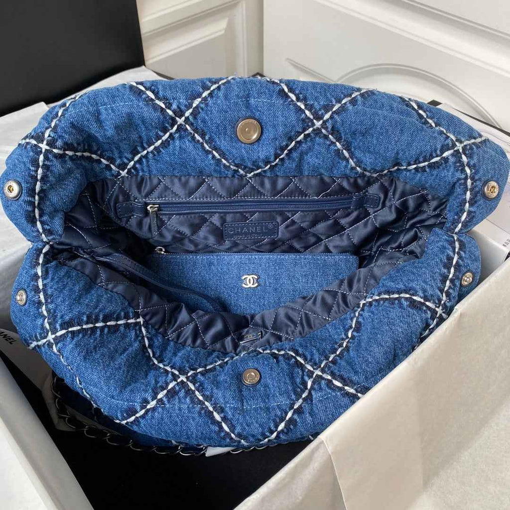 Chanel 22 Handbag AS3261 Blue Stitched Denim Silver Metal
