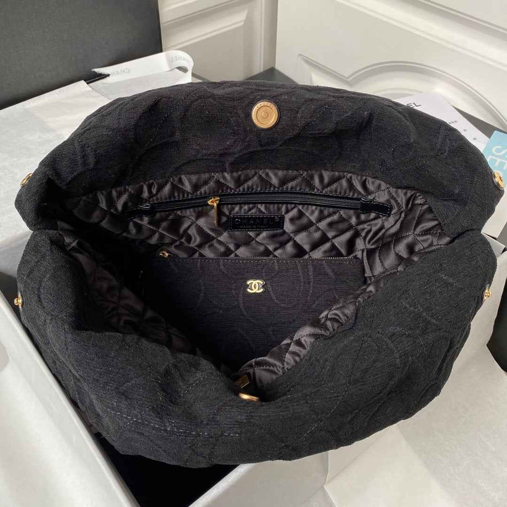 Chanel 22 Handbag AS3261 Black Denim Gold Metal