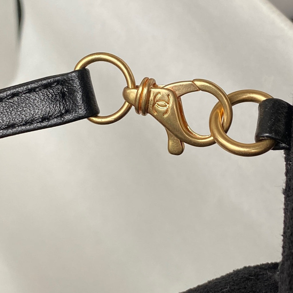 Chanel 22 Handbag AS3261 Black Denim Gold Metal