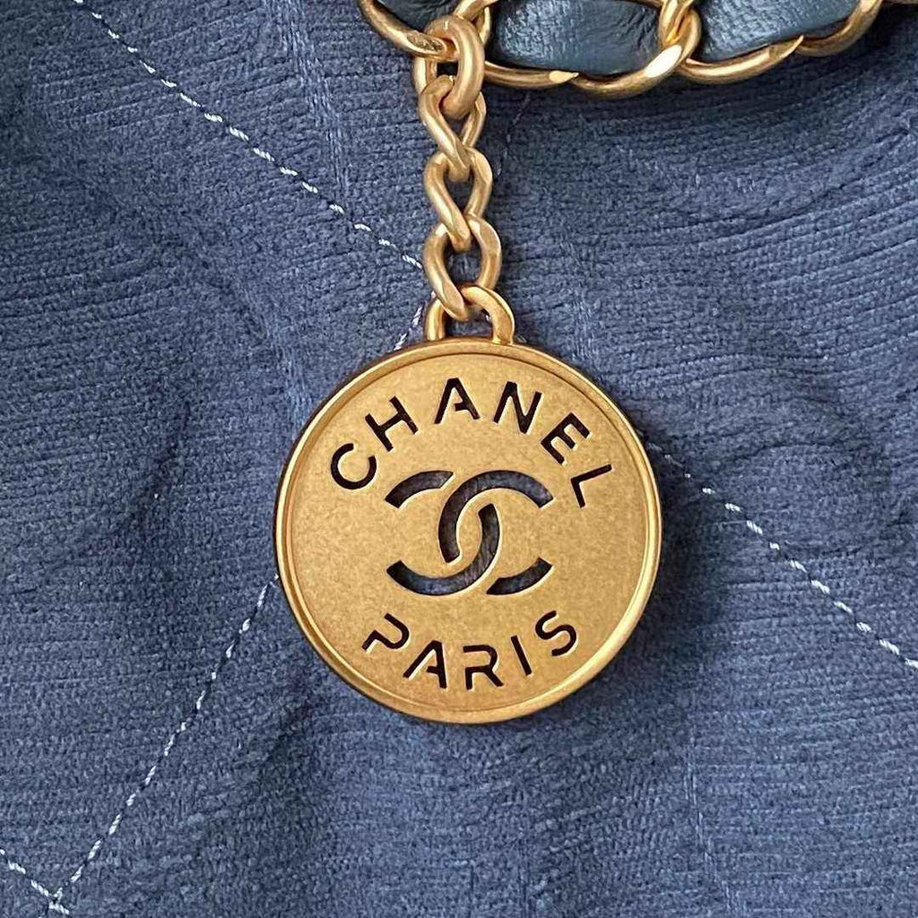 Chanel 22 Handbag AS3261 Blue Denim Gold Metal