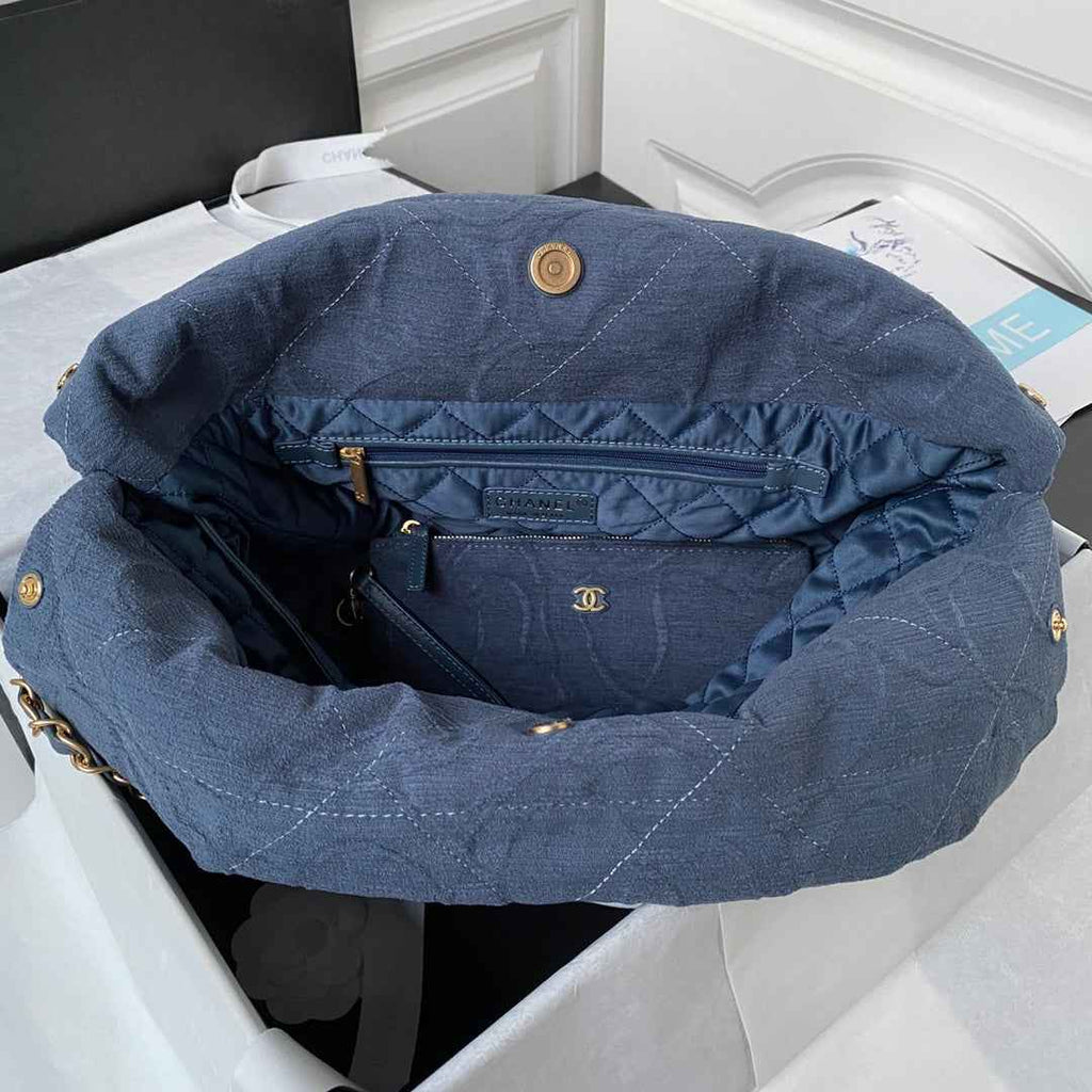 Chanel 22 Handbag AS3261 Blue Denim Gold Metal