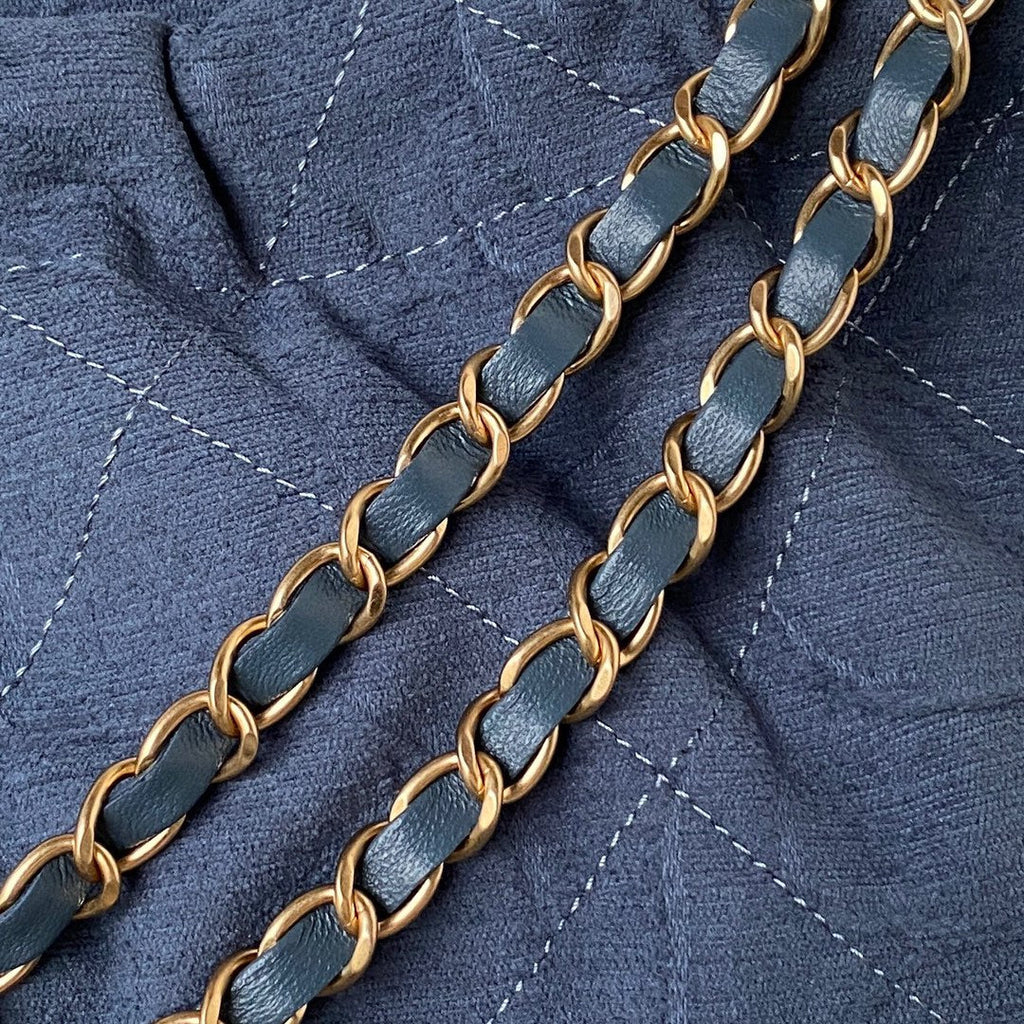 Chanel 22 Handbag AS3261 Blue Denim Gold Metal