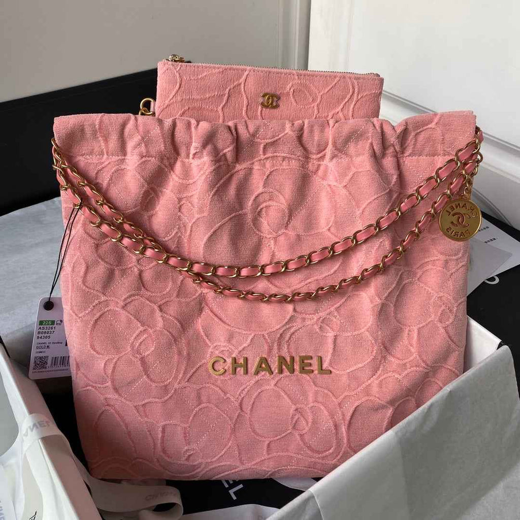 Chanel 22 Handbag AS3261 Pink Denim Gold Metal