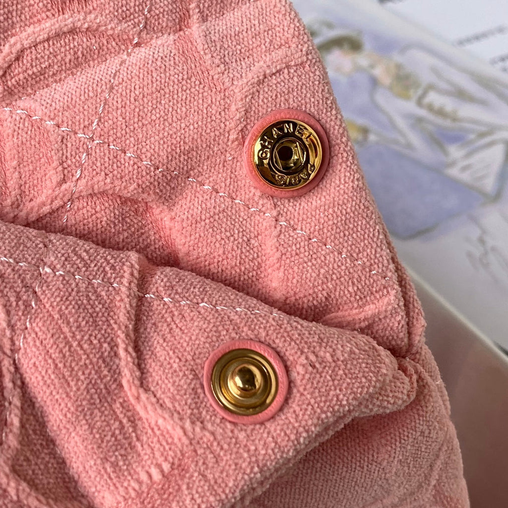 Chanel 22 Handbag AS3261 Pink Denim Gold Metal