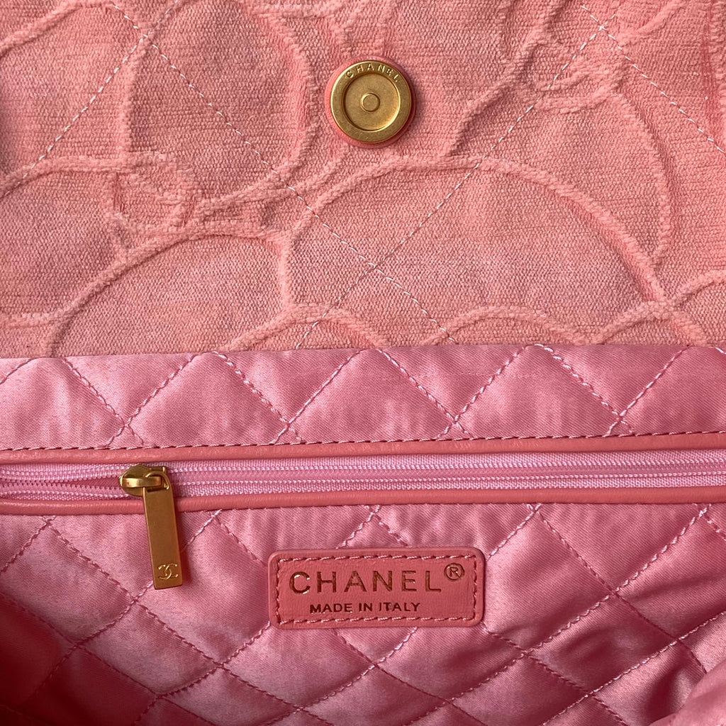 Chanel 22 Handbag AS3261 Pink Denim Gold Metal