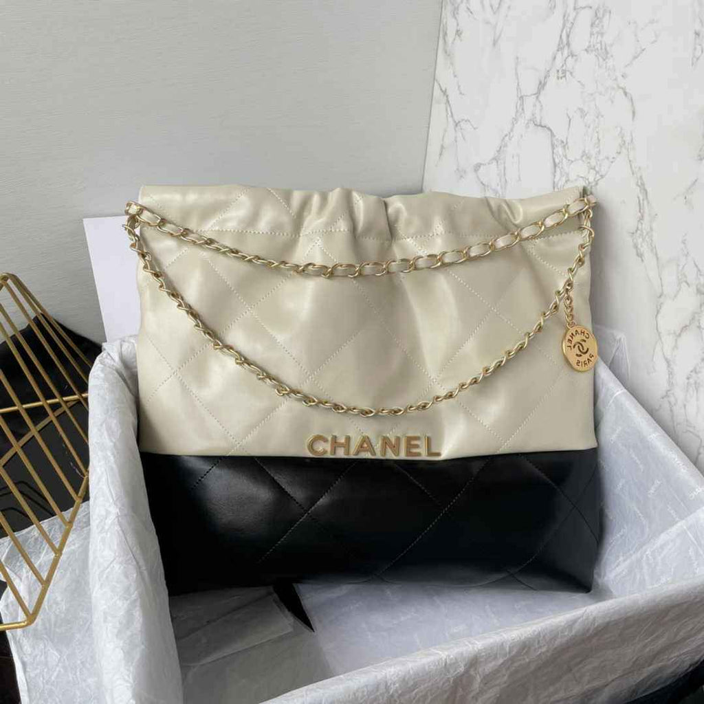 Chanel 22 Handbag AS3261 Black Beige Calfskin