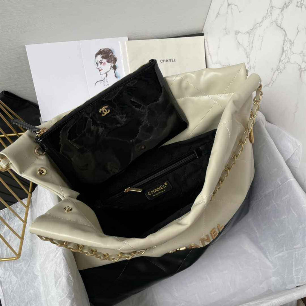 Chanel 22 Handbag AS3261 Black Beige Calfskin