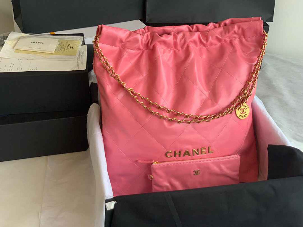 Chanel 22 Large Handbag AS3262 Shiny Calfskin Gold-Tone Metal Coral Pink