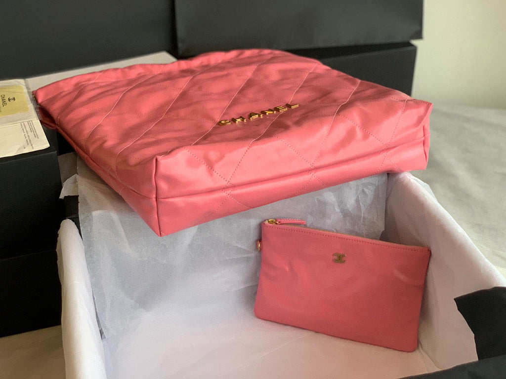 Chanel 22 Large Handbag AS3262 Shiny Calfskin Gold-Tone Metal Coral Pink