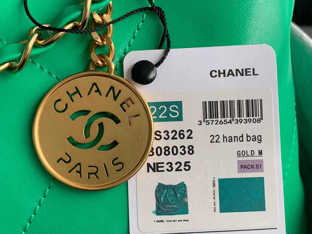 Chanel 22 Large Handbag AS3262 Shiny Calfskin Gold-Tone Metal Green
