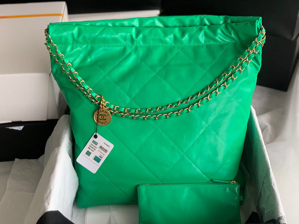 Chanel 22 Large Handbag AS3262 Shiny Calfskin Gold-Tone Metal Green