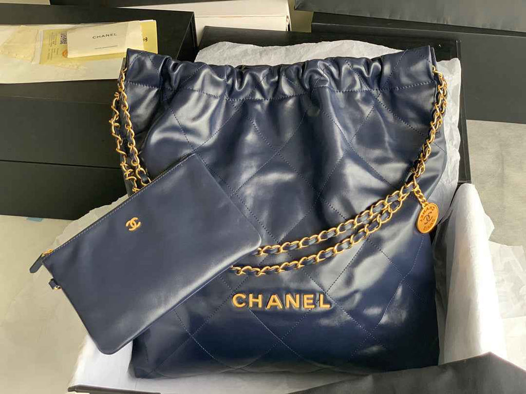 Chanel 22 Large Handbag AS3262 Shiny Calfskin Gold-Tone Metal Navy Blue