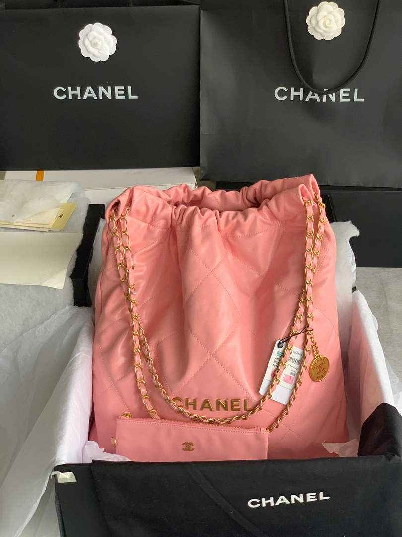 Chanel 22 Large Handbag AS3262 Shiny Calfskin Gold-Tone Metal Pink