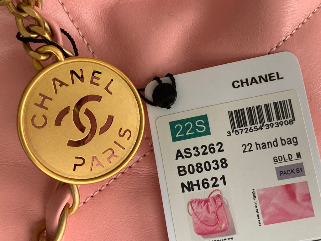 Chanel 22 Large Handbag AS3262 Shiny Calfskin Gold-Tone Metal Pink